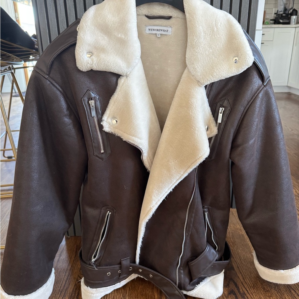 WeWoreWhat Brown Faux Leather and Cream Shearling Jacket